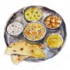 The national dish indian thali isolated on white background, watercolor illustration in hand-drawn style.